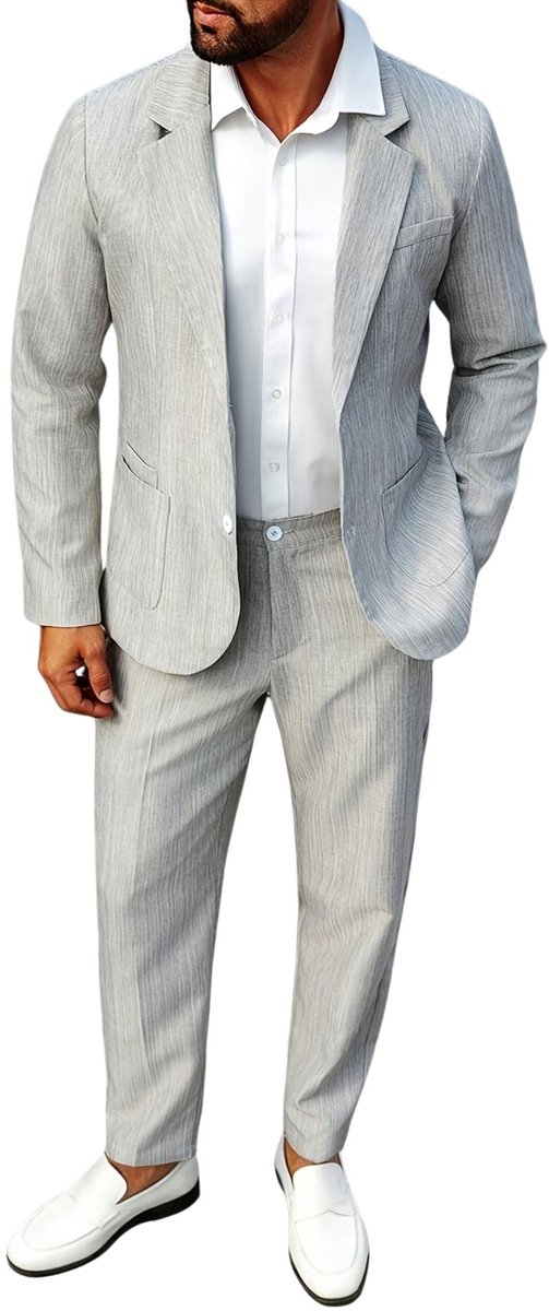 Currero 3 Delig Herenpak Met Overhemd - Suit 2 Delig - Tailored Fit Kostuum - Business Pak - Trouwpak - Smoking - Tuxedo Stijl - Bruiloft, Kantoor & Feest - Grijs L