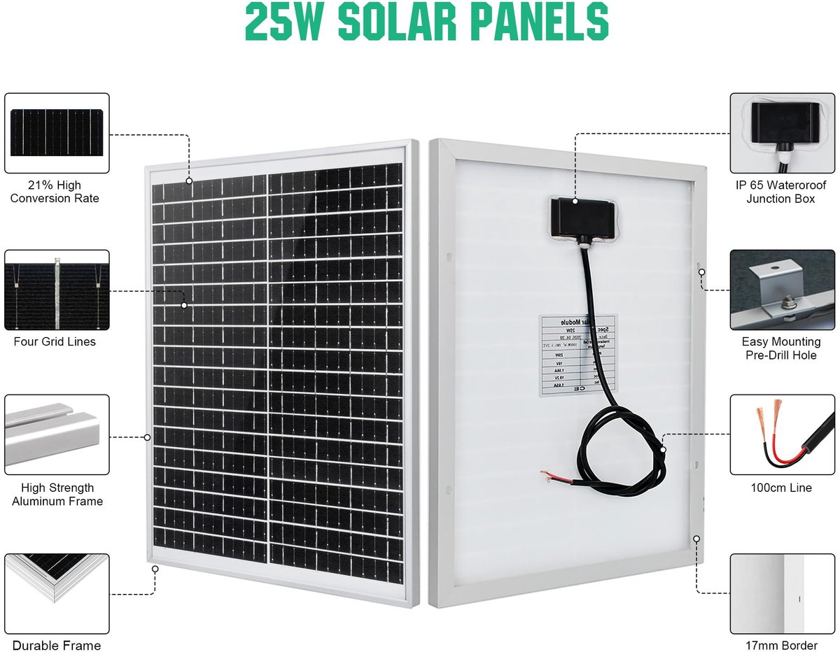 Zonnepaneel 25 W - 12 V - IP65 waterdicht - ideaal voor camping en reizen - ShopVlot