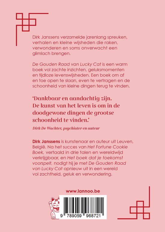 Achterkant boek met tekst over 'De gouden raad van Lucky Cat' door Dirk Janssens.
