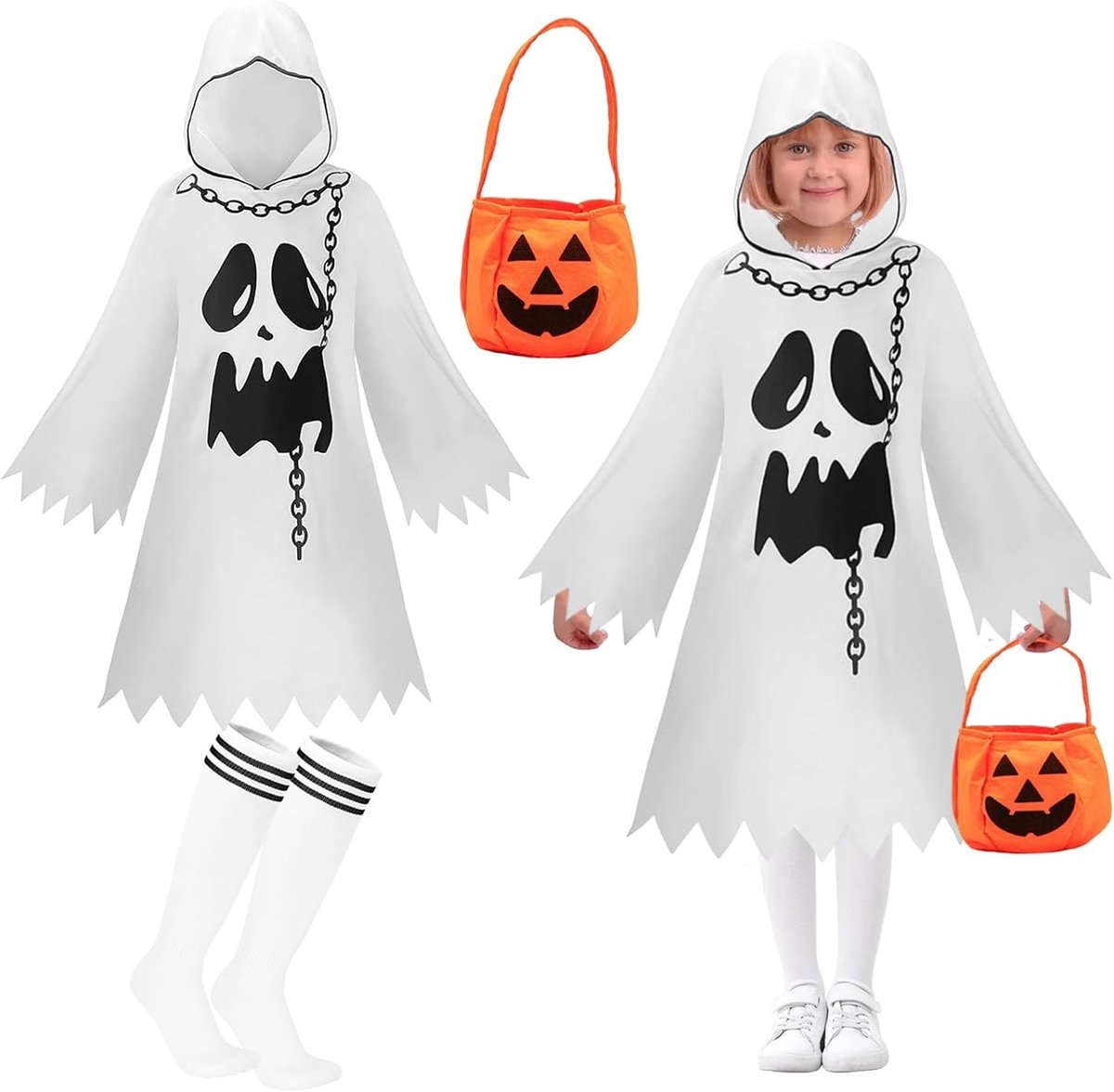 Kinderkostuum voor Halloween met hoofddeksel en witte cape, ideaal voor carnaval en cosplay feestjes