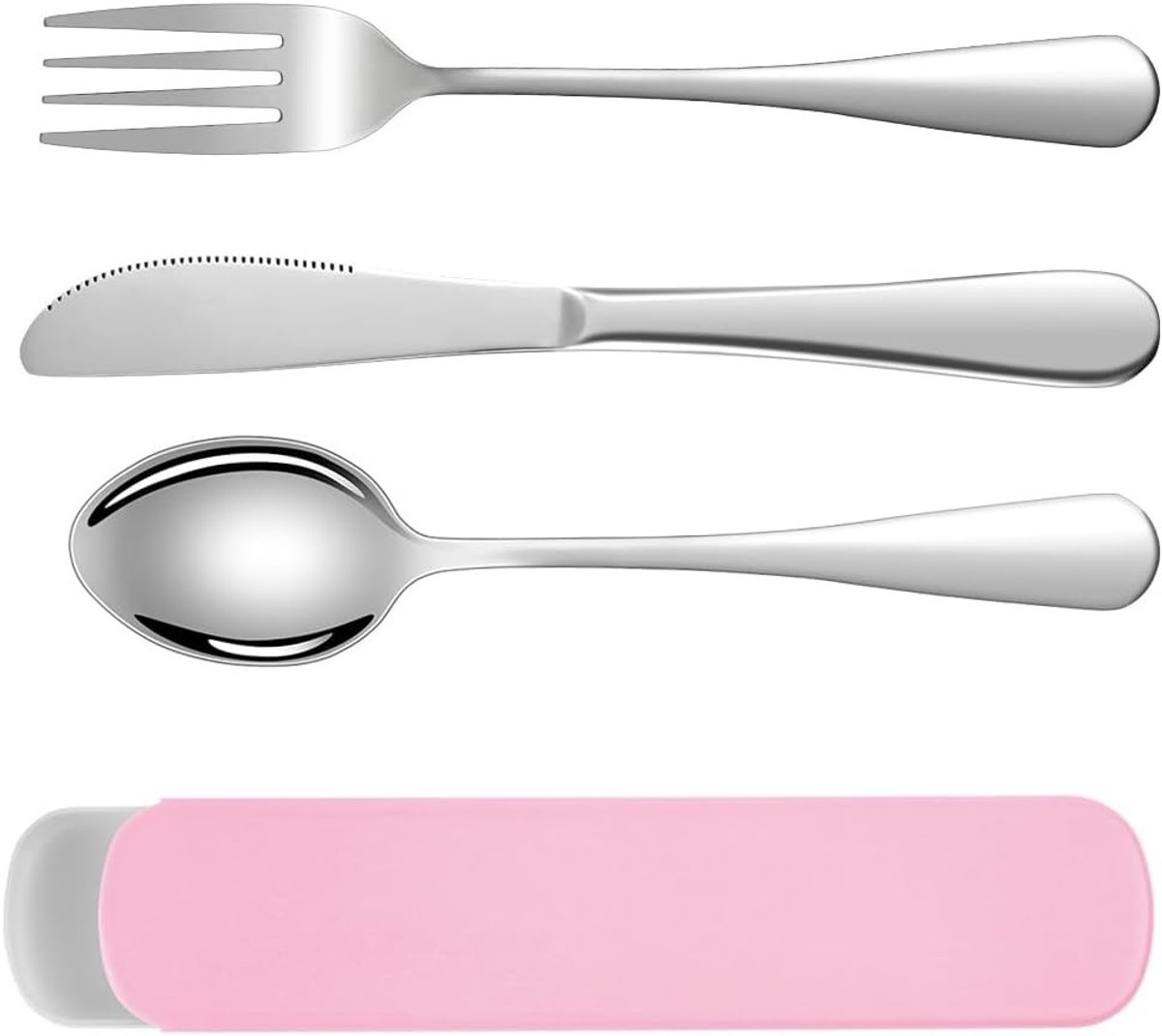 Herbruikbare Bestekset voor Kamperen, 3-delige RVS Bestek met Plastic Opbergdoos, Ideaal voor Buiten, Picknick en Kantoor Lunch - Roze