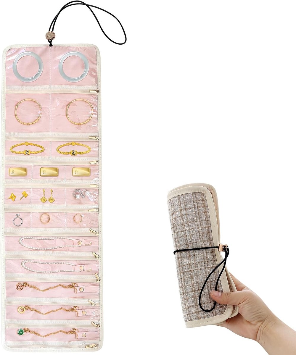 Reisopbergzak voor Sieraden - Vouwbare Organizer voor Kettingen, Oorbellen en Ringen - Ruime en Transparante Sieradenopberger voor Vrouwen, Beige, Antiklit Design