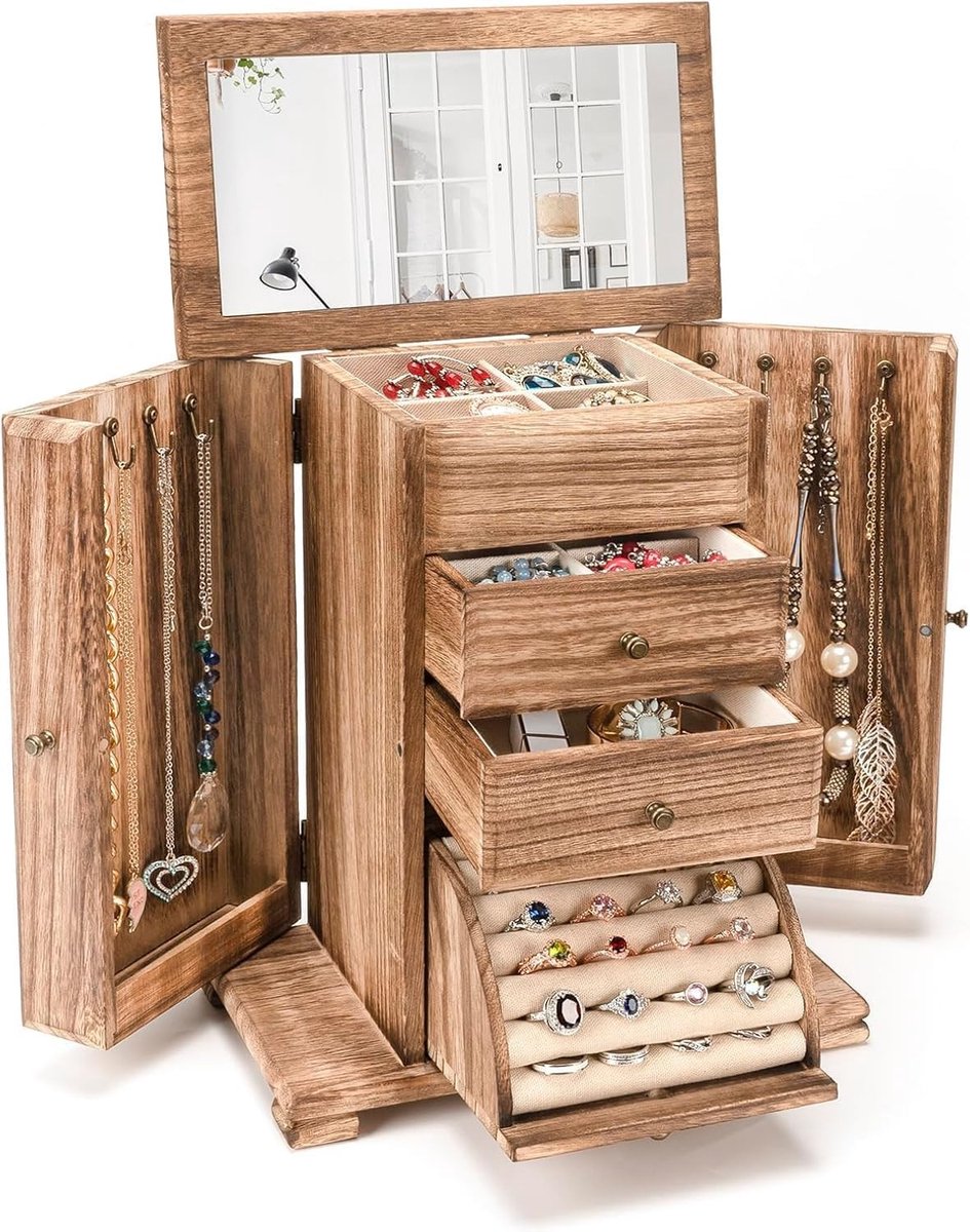 Sieradenbox voor Vrouwen en Meisjes - 4 Laags Sieradenopslag voor Ringen, Oorbellen en Kettingen - Bruin