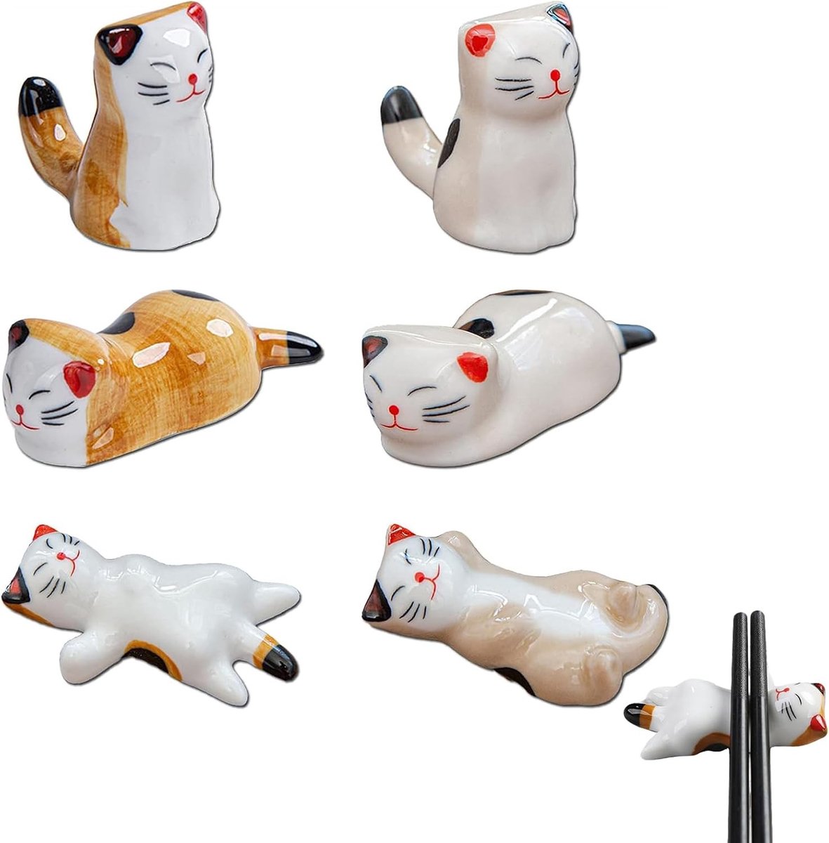 Set van 6 Keramische Steunen voor Eetstokjes, Schattige Kat Ontwerpen voor Keuken en Eettafel, Ideaal voor Bestekopslag en Decoratie