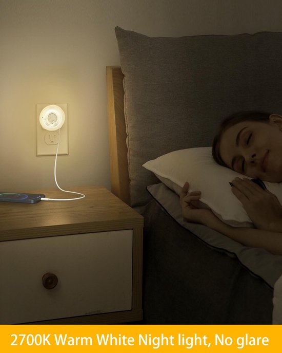 Nachtlampje met sensor - Stekkerlampje LED - Veilig donkere ruimtes - Instelbare helderheid - Stopcontact verlengstuk - Warm wit — afbeelding 5
