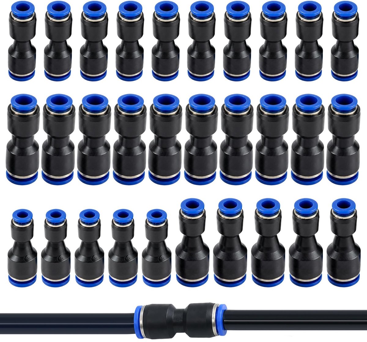Pneumatische connectorset 30 stuks - push-in snelkoppelingen - diverse maten 4-12 mm - ShopVlot