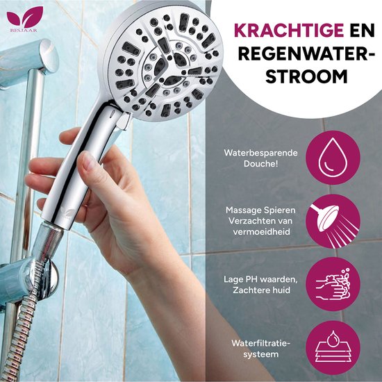 Zilveren douchekop met 10 sproeistanden, krachtiger en regenwater-stroom. Waterbesparend, verzachtende huid en waterfiltratiesysteem.