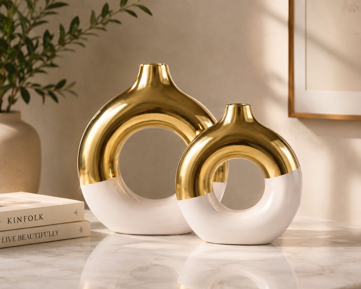 Witte en gouden keramische vaas set van 2 - donutvaas voor plank, moderne boho bloemenvaas met ronde vorm voor eettafel en mantel