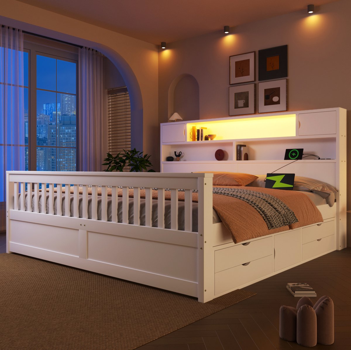 Wishdor Tweepersoonsbed 180x200 cm - Bedframe met boekenrek hoofdbord, ledverlichting en vier lades - Wit - MDF - 217 x 187 x 120 cm