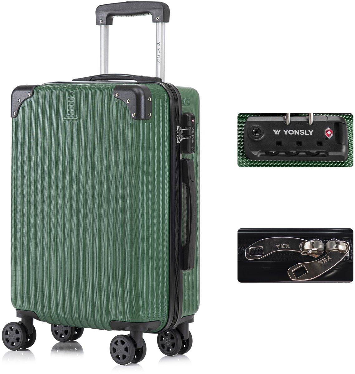 YONSLY Handbagage Koffer - 55cm - 40 L - TSA Slot - YKK Rits - 360° Draaibare Wielen - Donkergroen