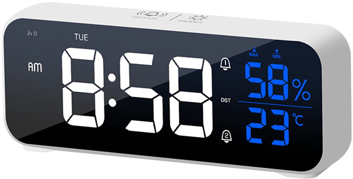 Digitale wekker, LED-digitale klok, digitale wekker met spiegeldesign, 5 instelbare alarmstanden en 5 instelbare helderheidsniveaus, 12/24-uurs tijdweergave, wit