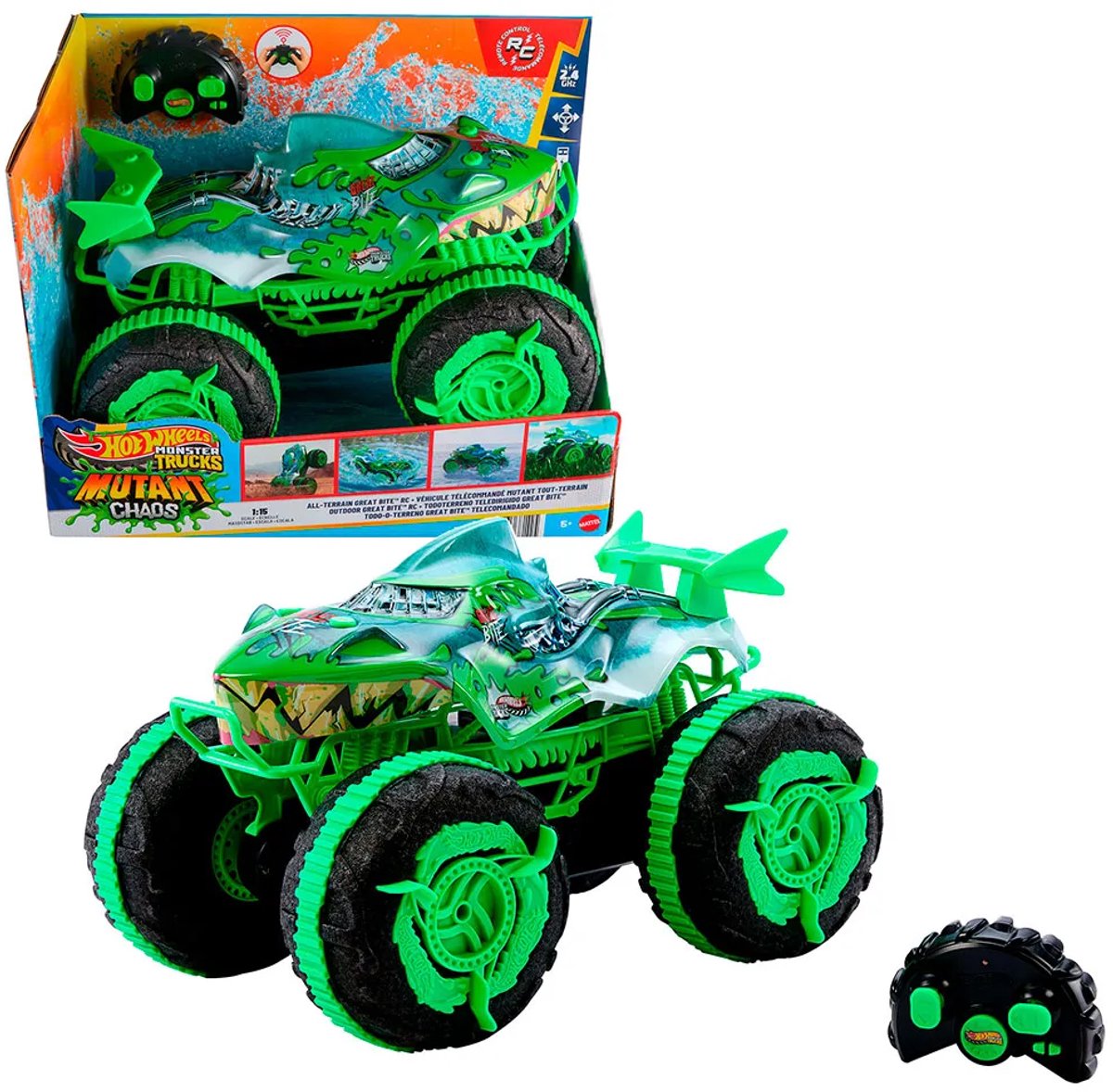 Hot Wheels Monstertrucks Terreinwagen Krakende Kaken - Speelgoedtruck met afstandsbediening - Rijdt op land en in water — afbeelding 12
