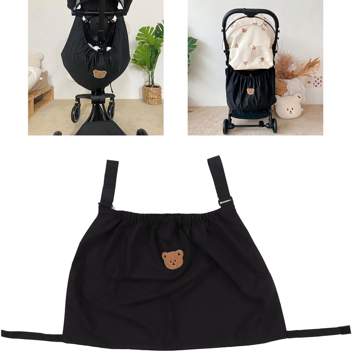 Opbergtas voor kinderwagen – Nylon materiaal – Veelzijdig in gebruik – Scheurbestendig en elastisch ontwerp – Geschikt voor portemonnee – 70 x 46 CM – Konijnenmotief – zwart