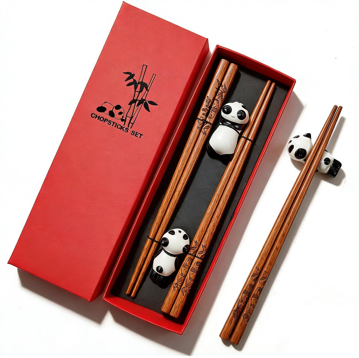 Sushi-eetstokjes 2 paar - Houten met keramische panda-standaard - Herbruikbaar en duurzaam - ShopVlot