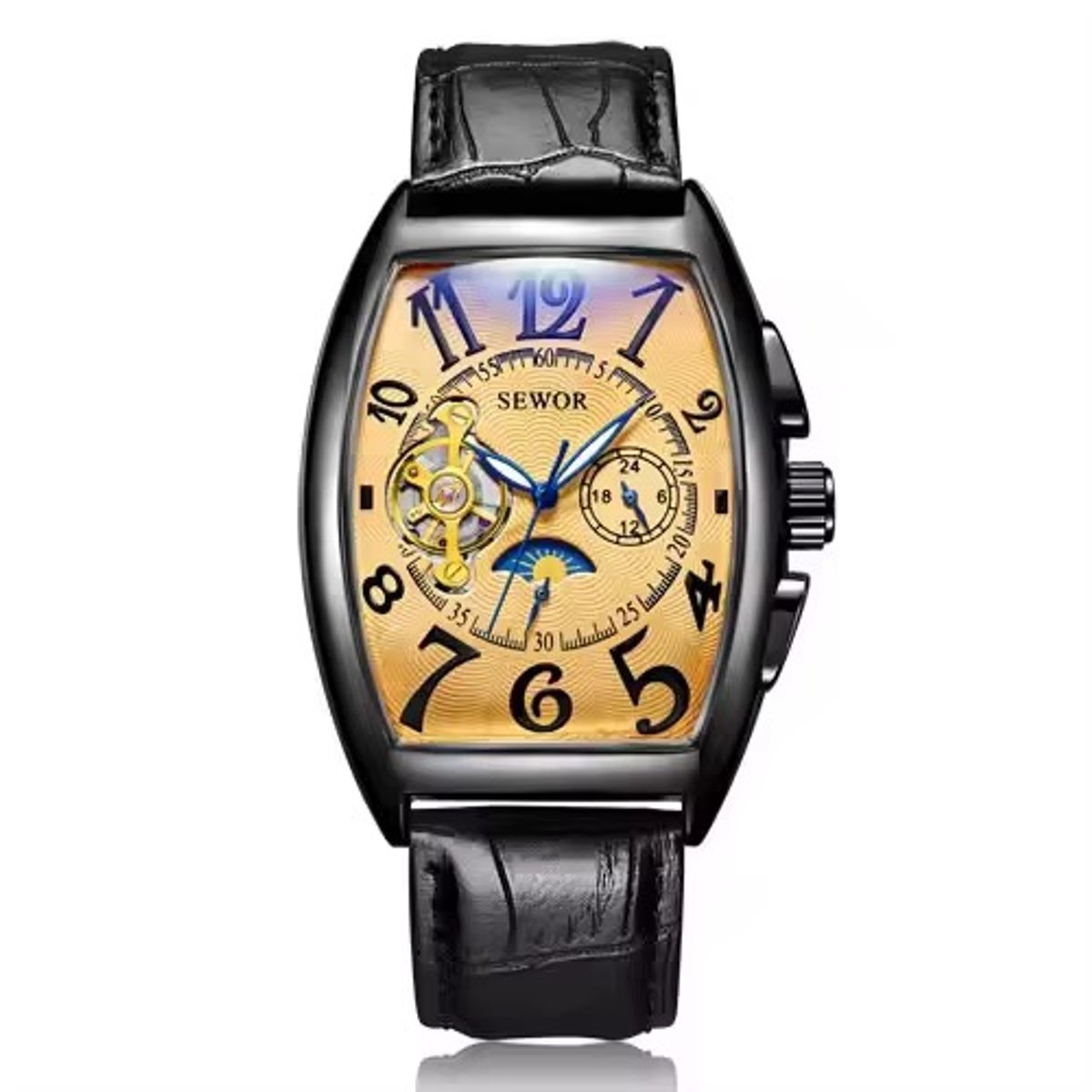 Soraro Automatische Tourbillon Horloge Zwart &Goudkleurig | Waterafstotend | 42mm | Cadeau Giftbox | Leer | Zwarte Band