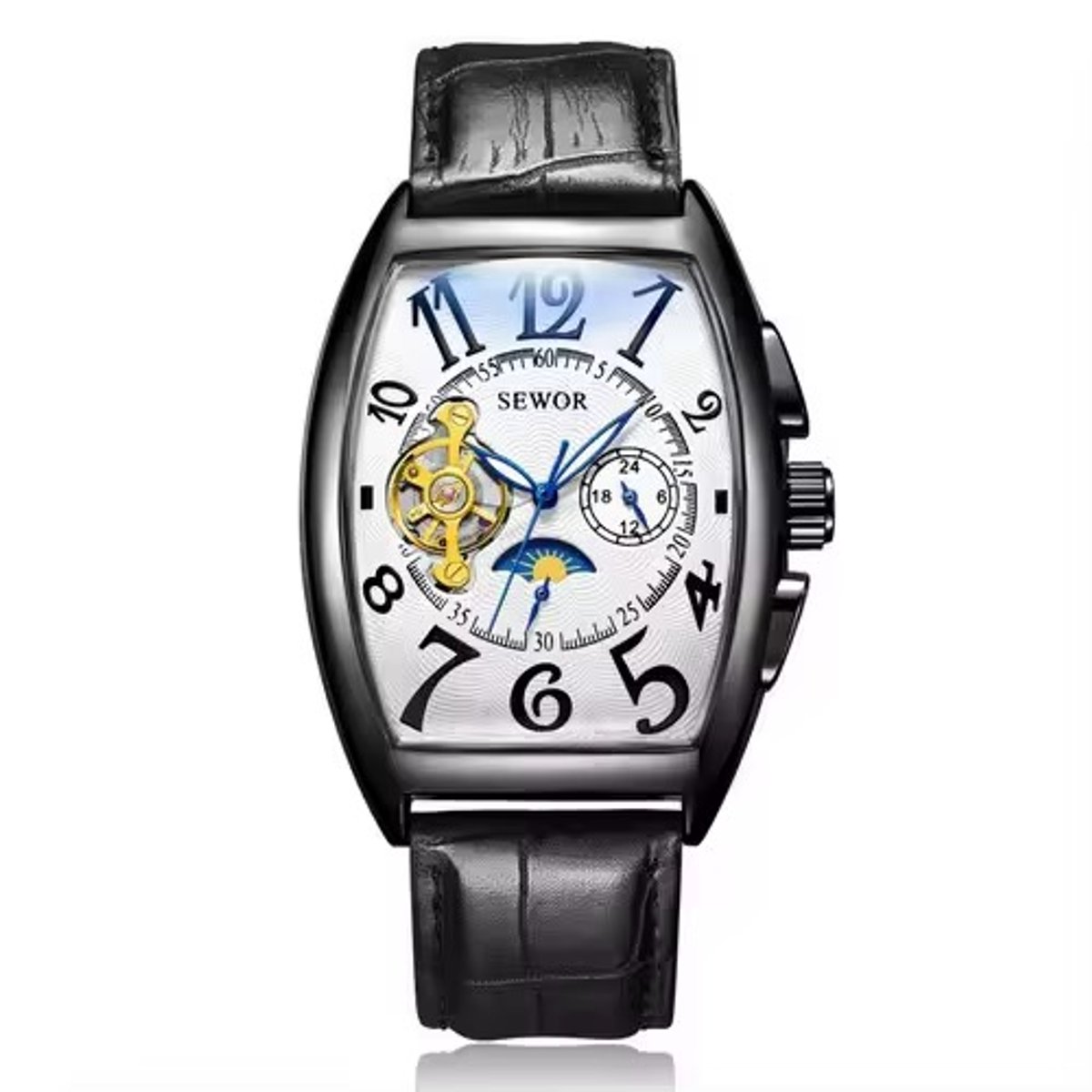 Soraro Automatische Tourbillon Horloge Zwart & Wit | Waterafstotend | 42mm | Cadeau Giftbox | Leer | Zwarte Band