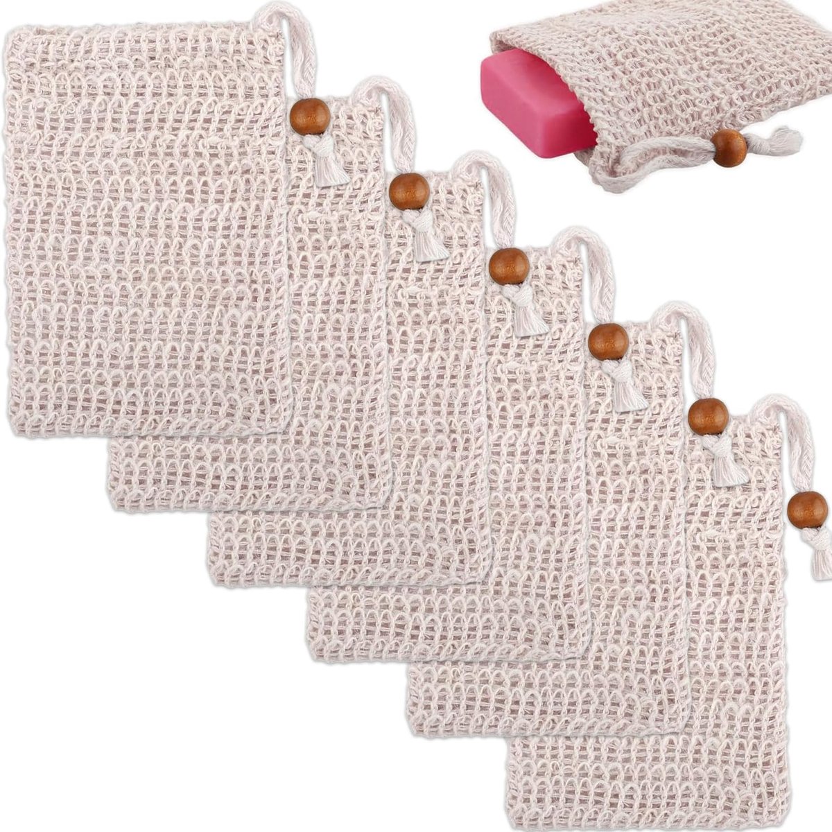 SnelShoppen - 6 stuks Natuurlijke Sisal & Linnen Zeepzakken met Kralen Trekkoord, Dubbellaagse Exfoliërende Zeepzakjes voor Vaste Zeep, Gezichtsreinig