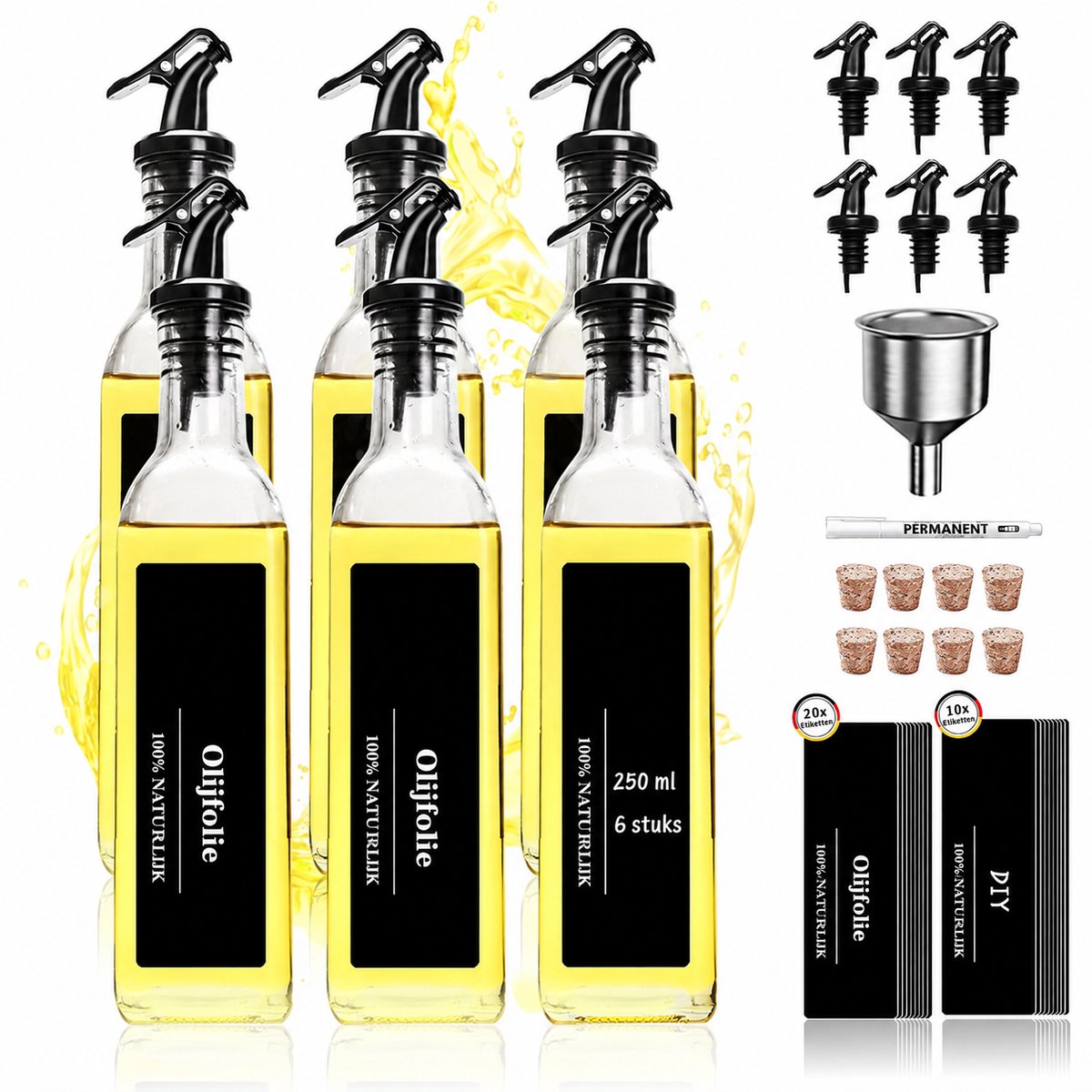 Vurnomi Olie dispenser - olie- & azijnstellen - Trechter - Olieflessen met schenktuit - Oil and vinegar - 6 Stuks – 250 ml