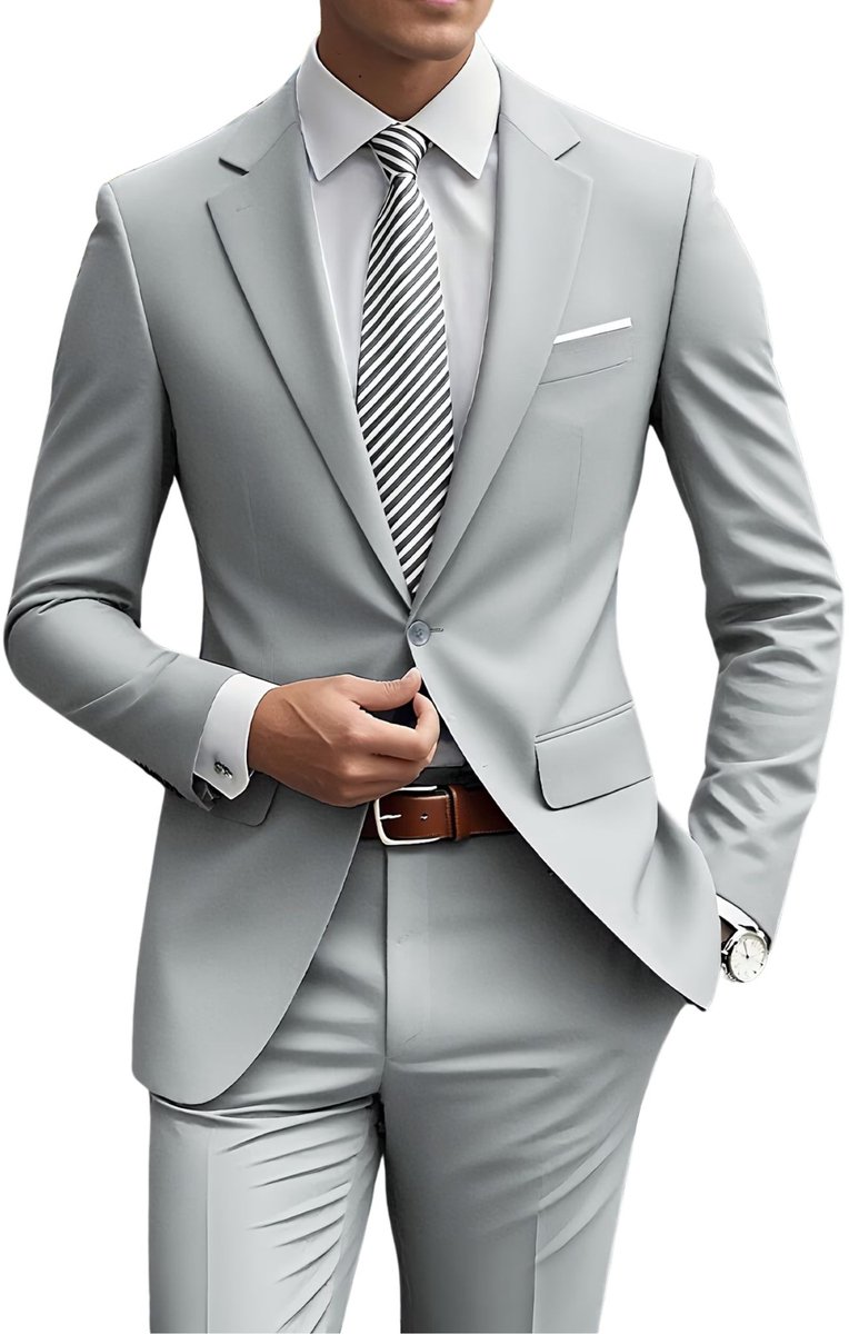 Currero 3 Delig Herenpak Met Overhemd - Suit 2 Delig - Tailored Fit Kostuum - Business Pak - Trouwpak - Smoking - Tuxedo Stijl - Bruiloft, Kantoor & Feest - Lichtgrijs M