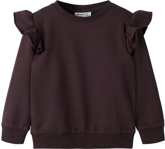 Bruine Name It sweater met ruches op de schouders, lange mouwen en boorden.