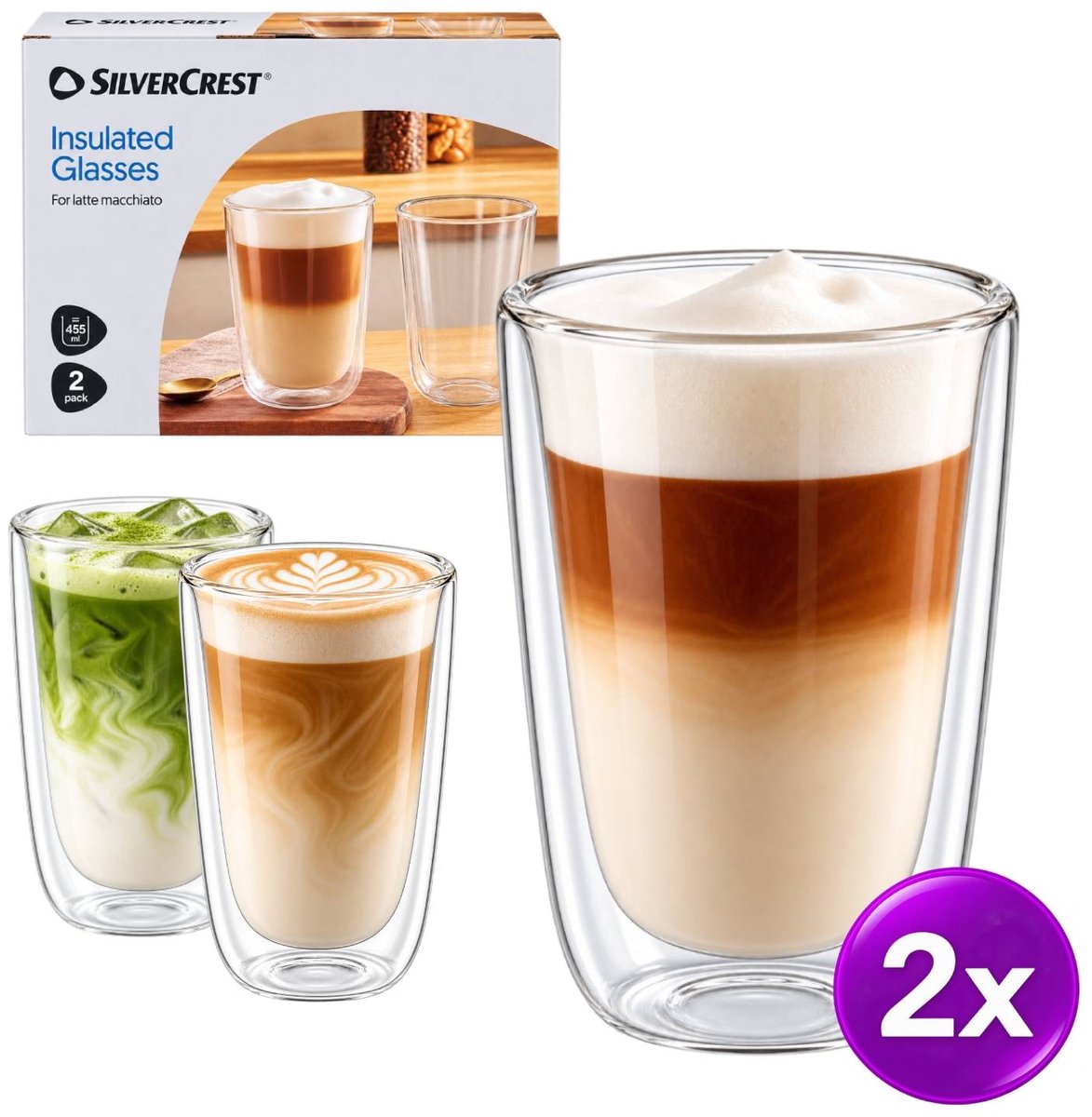 Dubbelwandige Latte Macchiato Glazen 2 Stuks - Luxe Glazen Dubbelwandig - Thermoglazen 455 ml - Lichtgewicht Borosilicaatglas - Warm- en Koudhoudend - Dubbelwandige Glazen voor Latte Macchiato & Koffie - Koffie & Thee Kopjes - Glass Set - SilverCrest