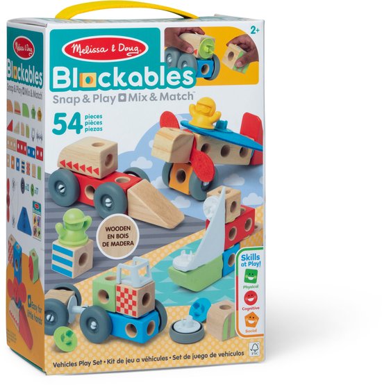 Melissa & Doug Blockables speelgoedauto speelset met 54 houten onderdelen, inclusief wielen, blokken en accessoires om te mixen en matchen. Geschikt voor kinderen vanaf 2 jaar.