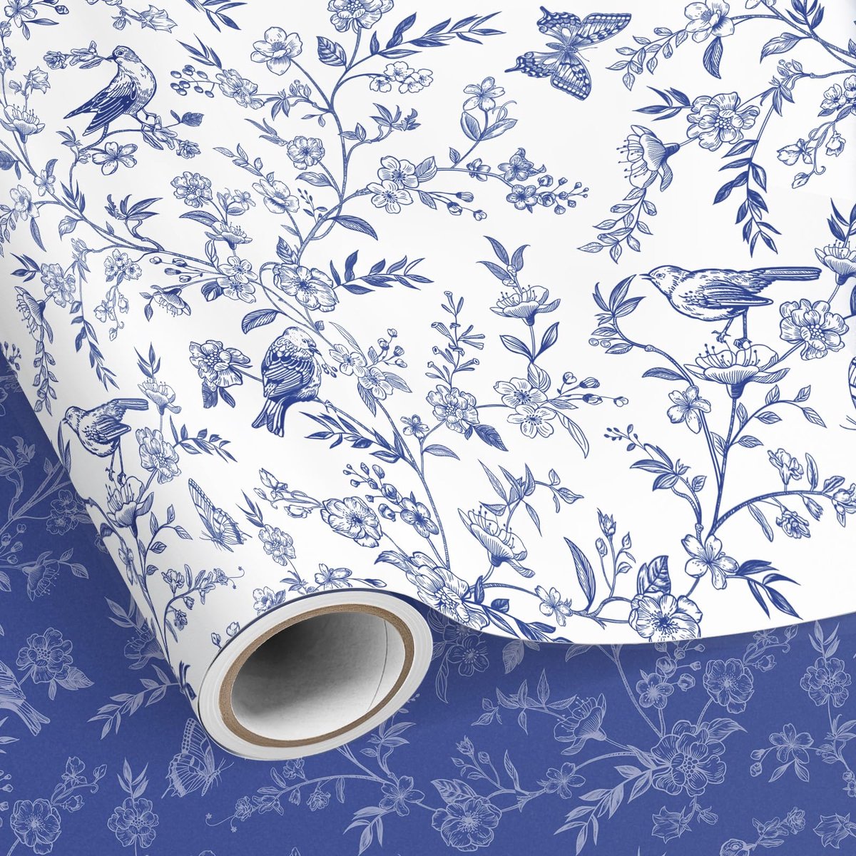 Cadeaupapier blauwe bloemen 43 cm × 10 m - omkeerbaar - bloemen en vogels - perfect voor verjaardag - ShopVlot