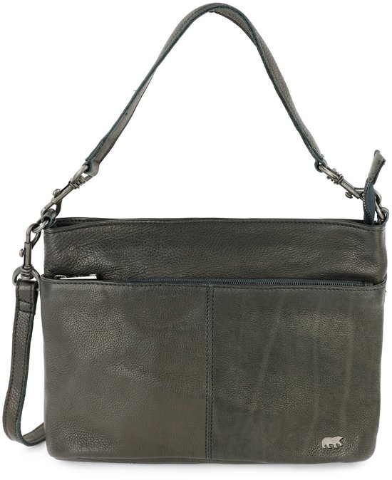 Grijze leren tas met voorvakken en Bear Design logo.