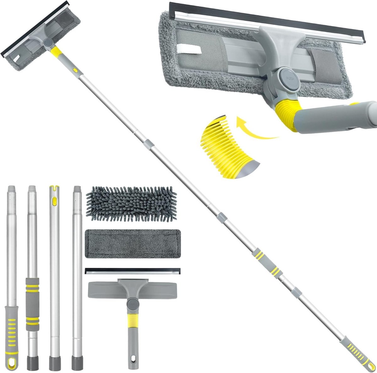 Professionele Ramenreiniger met Trekker en Lange Handgreep van 163 cm, Inclusief Microvezeldoek en Chenille Pad voor Effectieve Ramenreiniging in Huis, Auto en Keuken