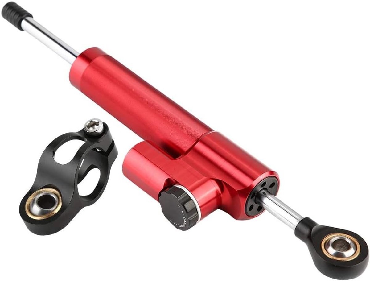 Universele stuurdemper voor motorfietsen, stabilisator voor schokdempers, aluminiumlegering in rood en zwart, verbeterde rijstabiliteit en controle.
