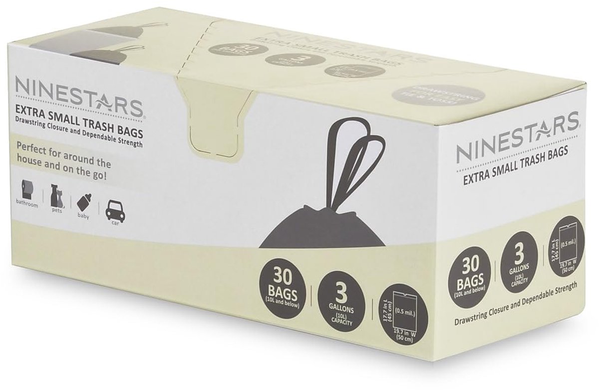 NINESTARS NSTB-3-30 Extra Sterke Witte Vuilniszak met Trekkoord Sluiting, 3 Gal. /12 L., 30 count - ShopVlot