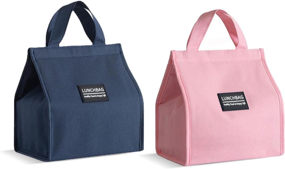 Set van 2 Kindertassen voor Lunch, Draagbare Geïsoleerde Herbruikbare Schooltassen in Roze en Blauw