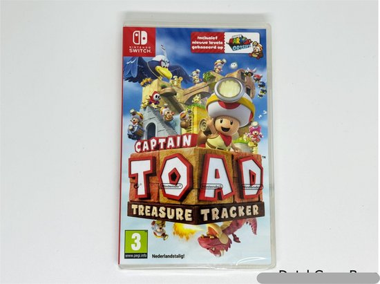 Nintendo Switch spel "Captain Toad: Treasure Tracker" met Captain Toad op de voorkant, inclusief "nieuwe levels gebaseerd op Super Mario Odyssey". Leeftijdsindicatie 3.