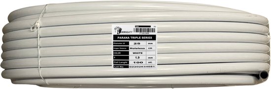 Opgerolde witte slang met een label. Diameter 25 mm, 100 meter.