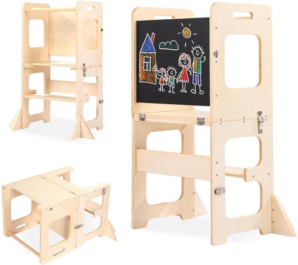 Leertoren Kinderen - Opstapstoel Keuken - Kinderen Helpen Keuken - 3-in-1 Opvouwbaar - 44 cm Diep - Houtkleur