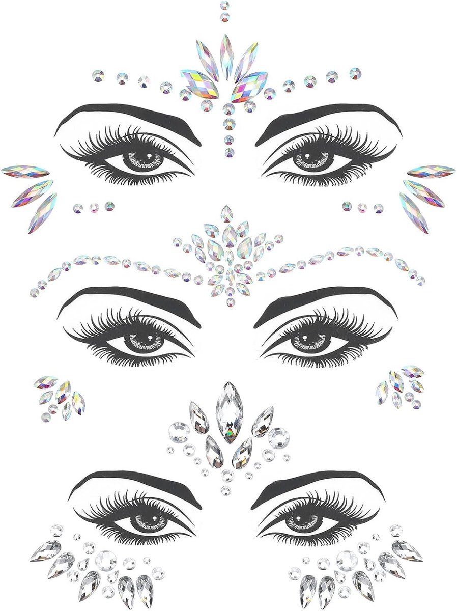 Set van 3 Glitterstenen voor Gezicht - Zelfklevende Rhinestones voor Festival, Carnaval en Zomer Make-up
