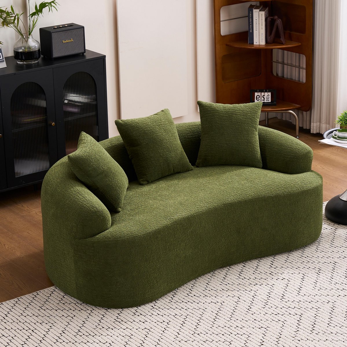 DESMIU Zitbank 2-Zits - Gebogen Design Met 3 Sierkussens - Comfortabel Voor Kleine Woonkamers En Appartementen - Chenille - Groen