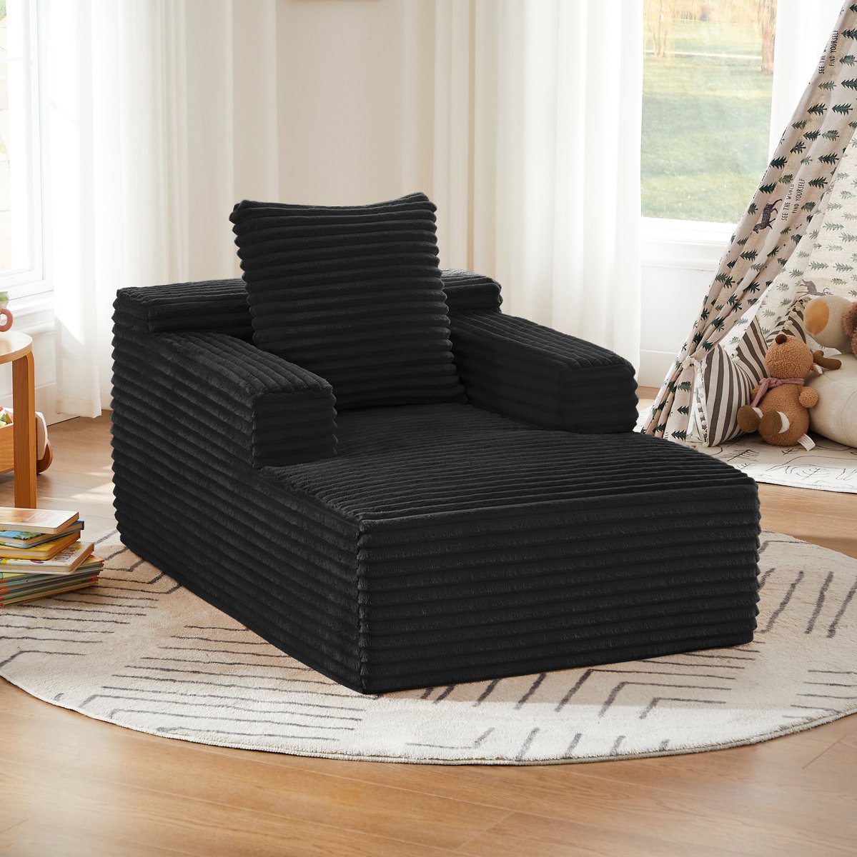 MODENUIT Bank - 1-Zits Slaapbank - Chaiselongue Zonder Montage - Voor Woonkamer, Bureau En Appartement - Cord Zwart