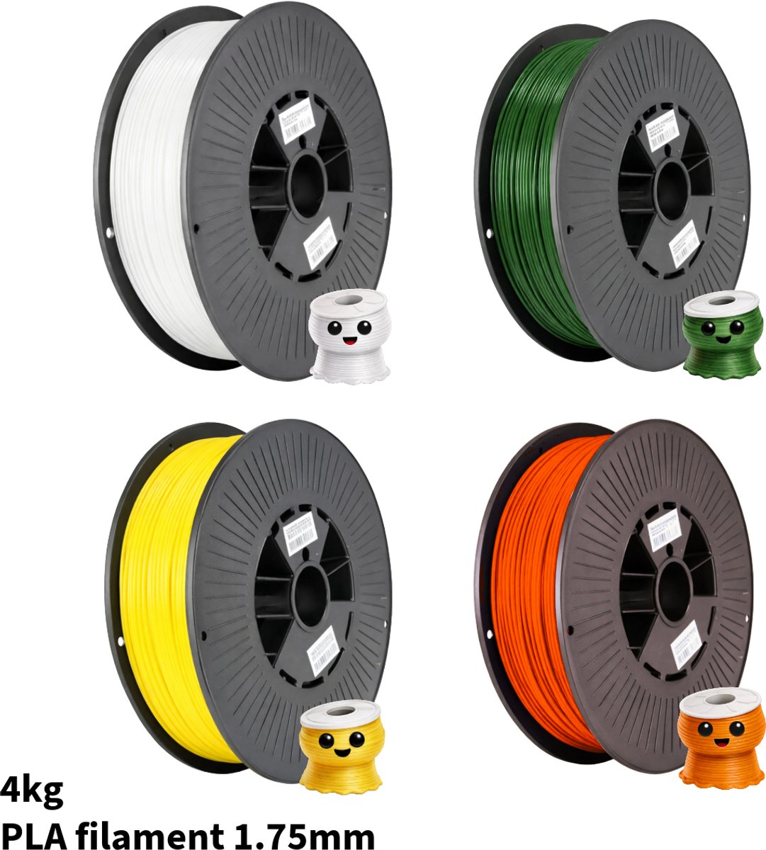 3Dvoordeel.nl PLA+ 4KG Voordeelpakket 3D Printer Filament 1.75 mm - Geel, Groen, Wit, Oranje - 4 kg - Hoge Kwaliteit en Duurzaam - Compatibel met Creality, Bambu Lab, Esun en Meer - Perfect voor Prototypes, Modellen en Accessoires - Professioneel en Thuisgebrui 4KG PLA voordeelpakket