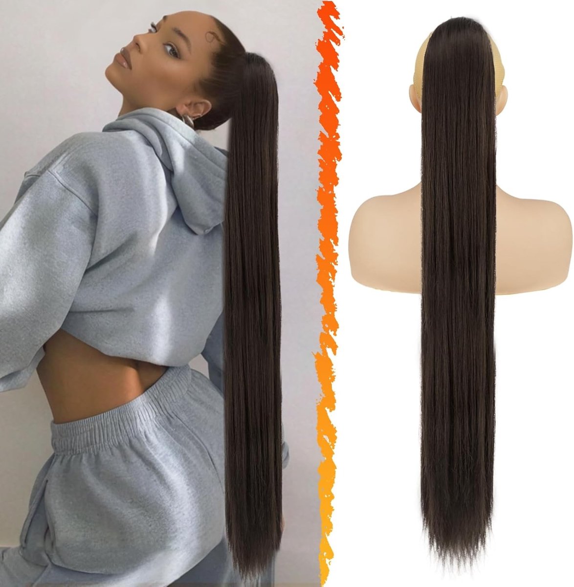 Lange Donkere Bruine Ponytail Haarextensions van 86 cm, Stevig en Gemakkelijk te Bevestigen voor Dagelijks Gebruik - Perfecte Haaraccessoire voor Vrouwen