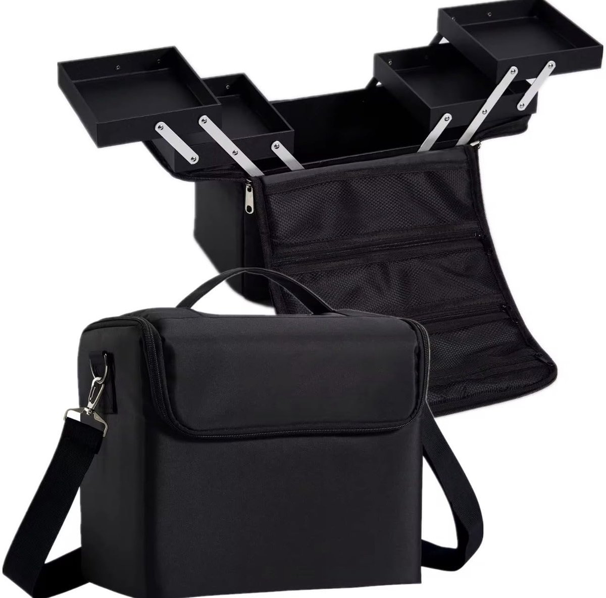 Professionele make-up organizer 28 x 20 x 15,6 cm - zwarte cosmeticakoffer - uitklapbare vakken - ideaal voor onderweg - ShopVlot