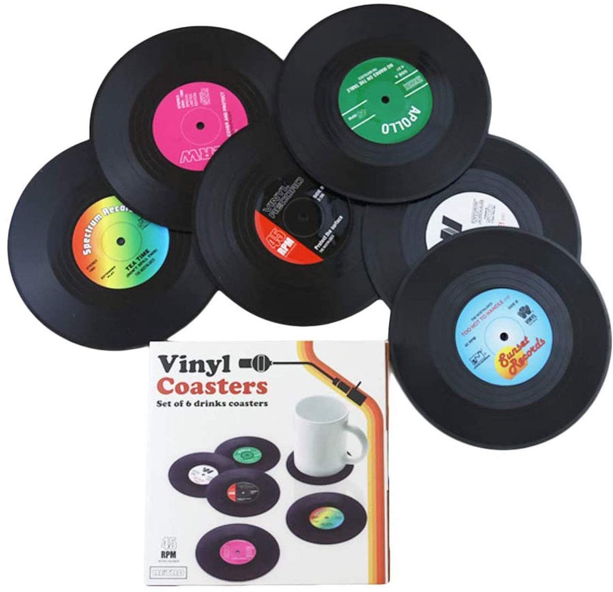 Vinyl platenonderzetters set van 12 - retro design - anti-slip matten - perfecte bescherming voor tafel - ShopVlot