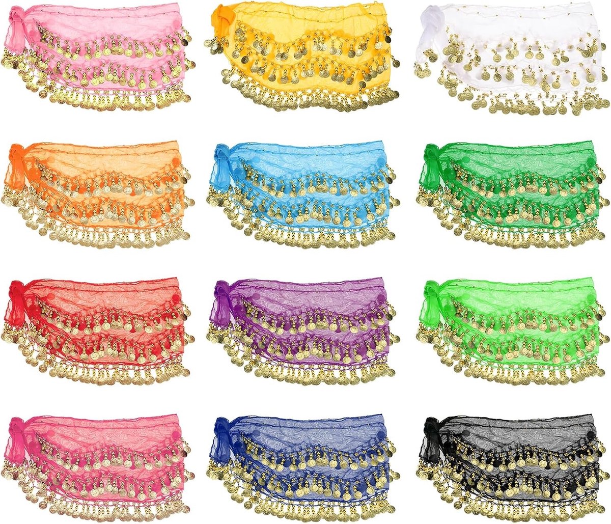 Belly Dance Heup Sjaal met 128 Gouden Munten, 12-delige Kostuumrok voor Vrouwen, Perfect voor Yoga en Danslessen, Multikleur