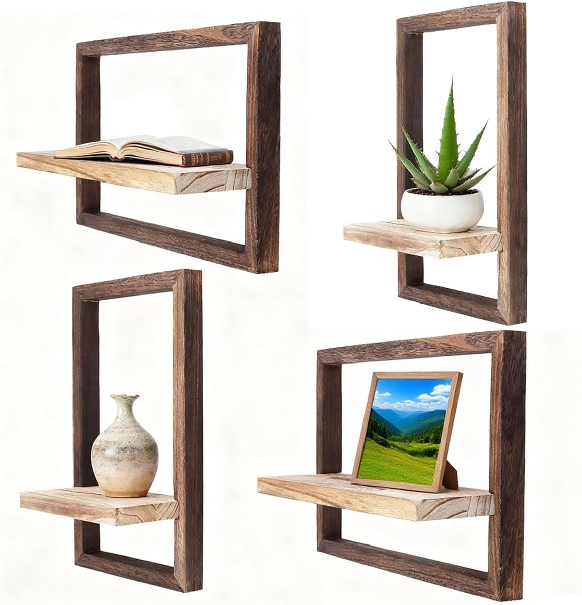 Set van 4 Wandplanken van Hout, Decoratie voor Woonkamer, Zwevende Planken voor Slaapkamer en Kantoor, Multifunctionele Opbergruimte