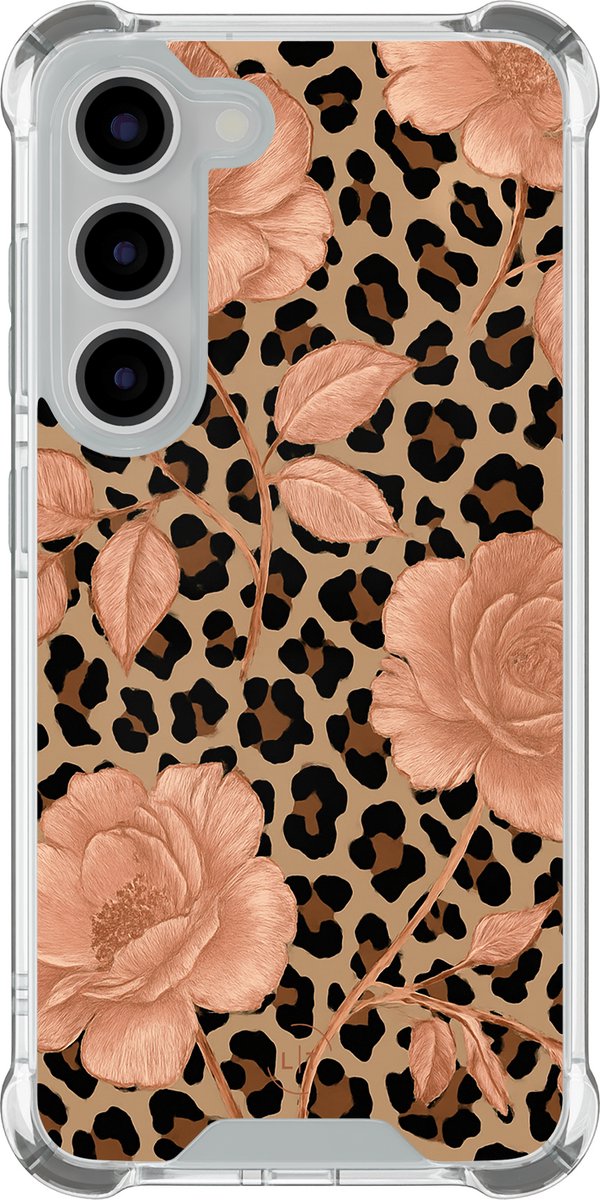 Shockproof hoesje - Geschikt voor Samsung Galaxy S23 - Leo flowers - Extra sterke case - TPU/polycarbonaat - Print / Illustratie - Multi, Goud, Transparant