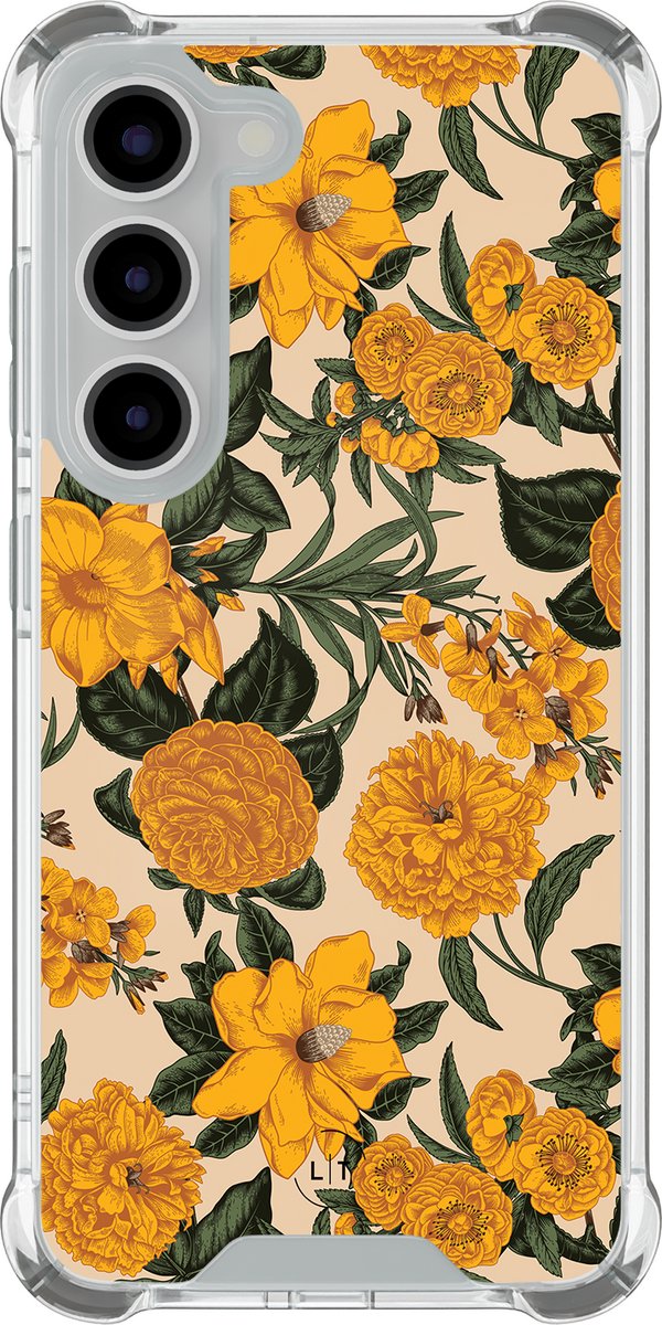 Shockproof hoesje - Geschikt voor Samsung Galaxy S23 - Retro flowers - Extra sterke case - TPU/polycarbonaat - Bloemen - Geel, Transparant