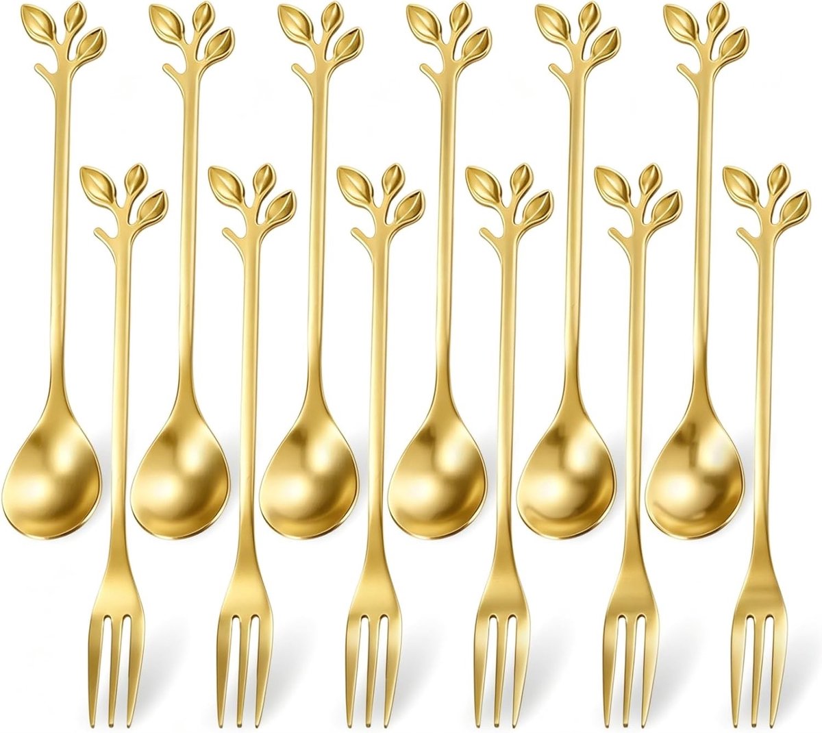 Set van 12 theelepels en taartvorkjes, bladerenvormige mini dessertlepels van roestvrij staal, ideaal voor high tea, koffie en feestjes, perfect als cadeau en voor dagelijks gebruik