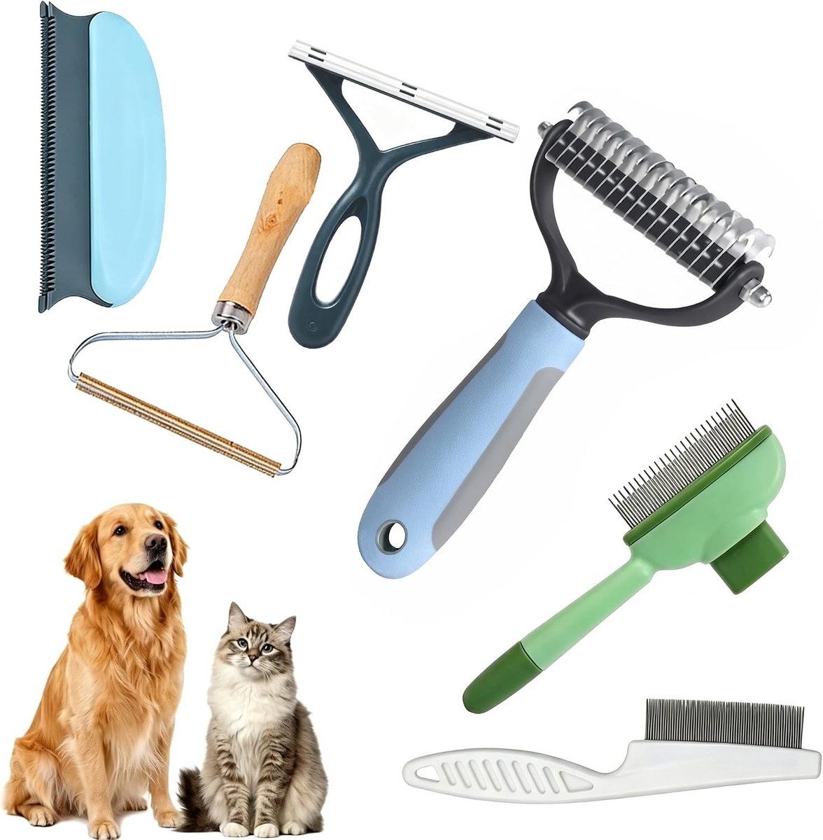 Complete 6-in-1 Dierenverzorgingsset met Borstels voor Katten en Honden, Vlooienkam en Haarverwijderaar voor Meubels, Auto en Kleding, Geschikt voor Lange en Korte Vachten