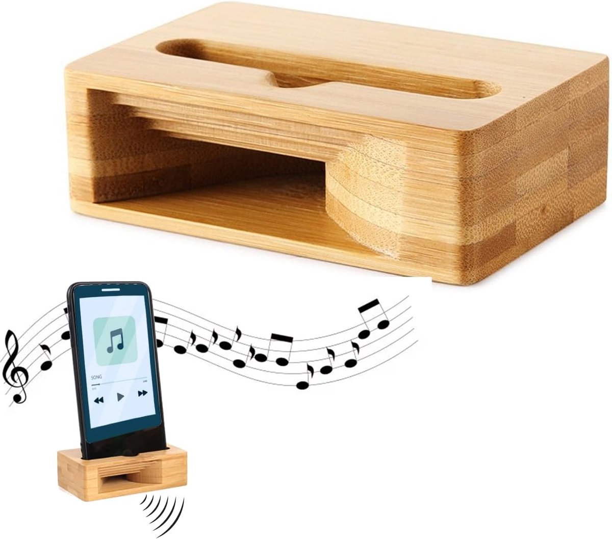 Mobiele Telefoonhouder van Bamboe met Speaker - Geschikt voor Smartphones en Tablets, Duurzaam en Stijlvol Design