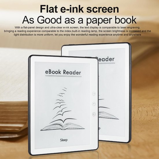 Twee e-readers met 'eBook Reader' tekst en een afbeelding van een open boek met vogels, op een houten achtergrond.